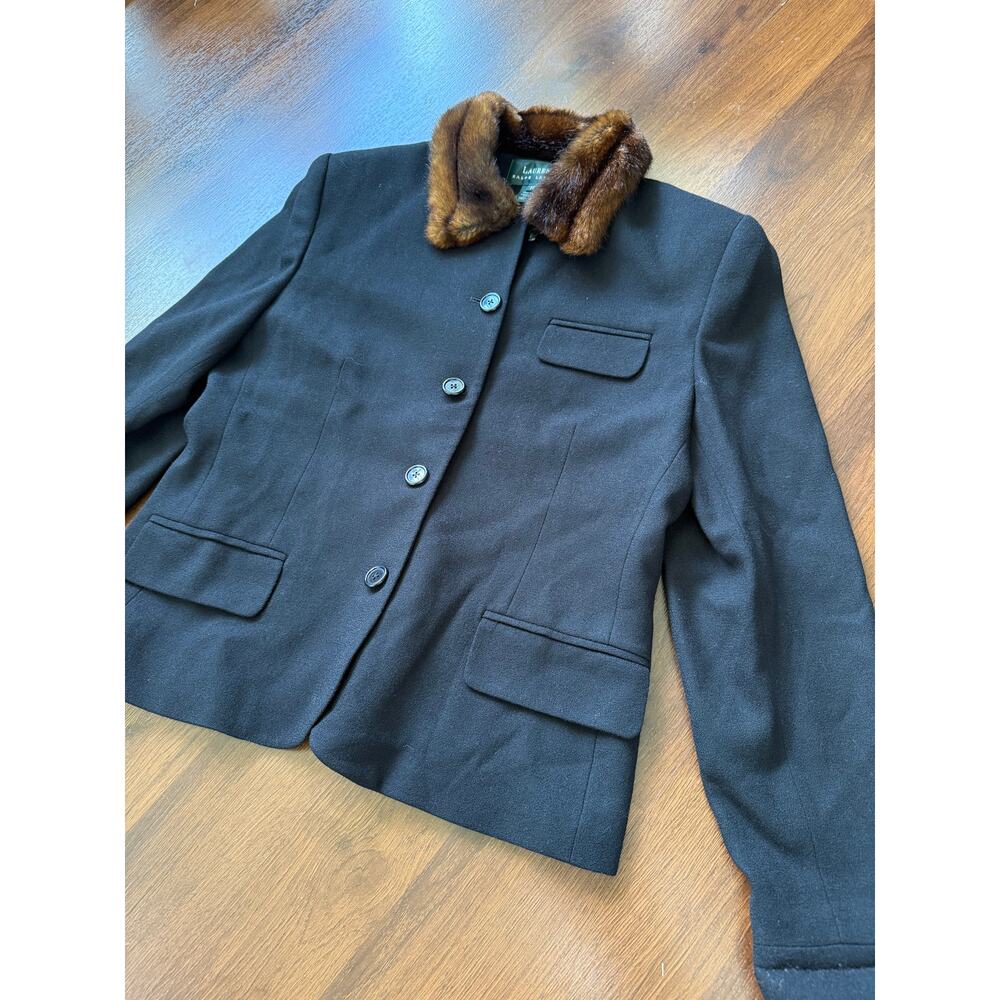Vintage Lauren Ralph Lauren Wool Blazer Jacket Faux Fur Collar Black Sz 14 - Picture 3 of 9